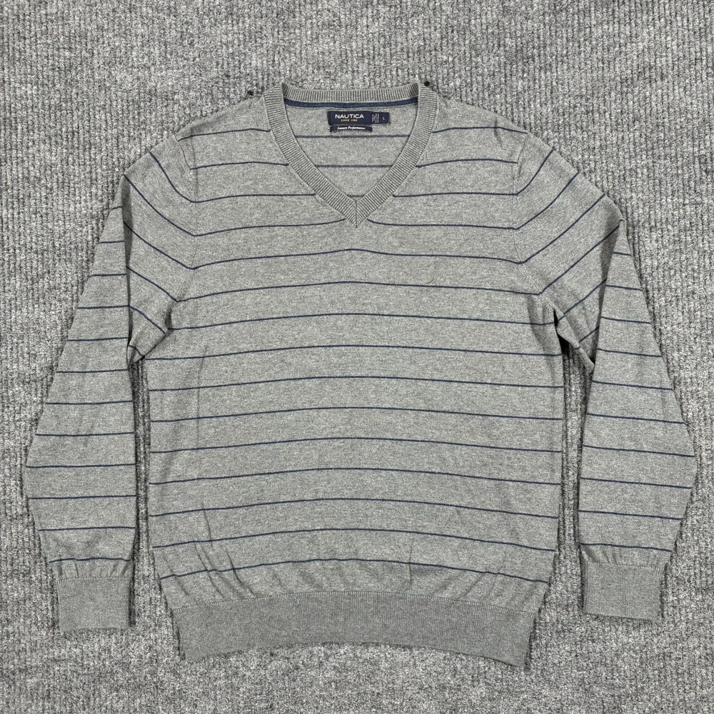Nautica Luxury Performance Sweater Mens Size Large Gray Striped V-Neck Pullover